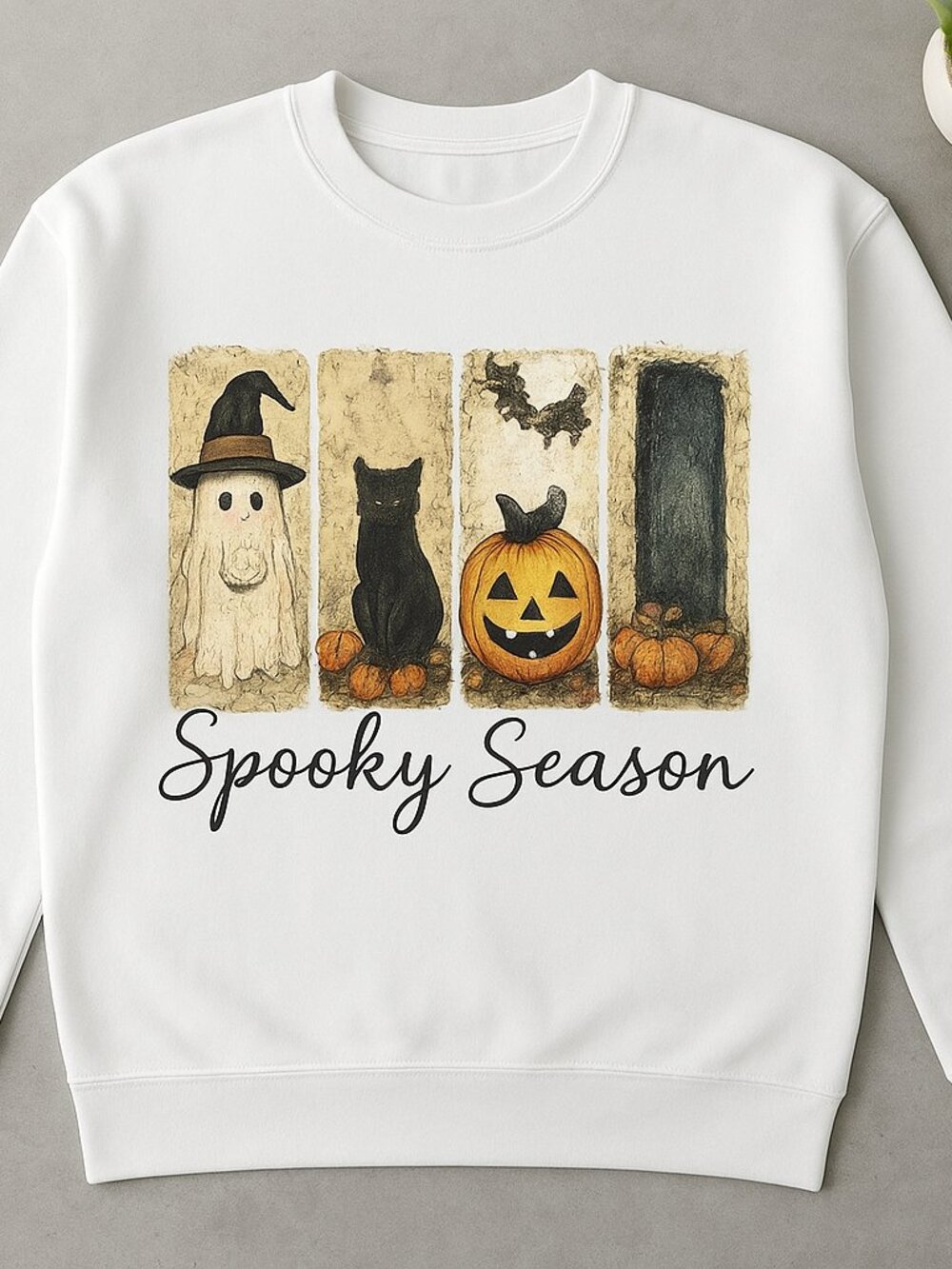 Spooky Season Halloween Witch Cat Pumpkin Crewneck Sweatshirt, Vintage Halloween
